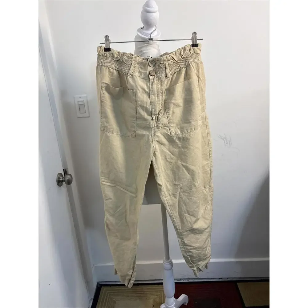 Zara Paperbag Joggers 8 Sand Square Pockets Trendy Ankle Barrel Leg Linen Blend